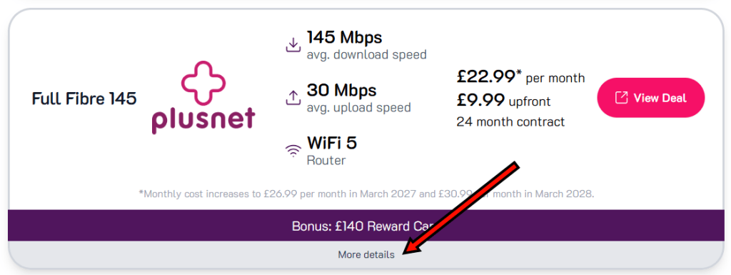 Clicking "More Details" on a deal on CompareBroadband.com.