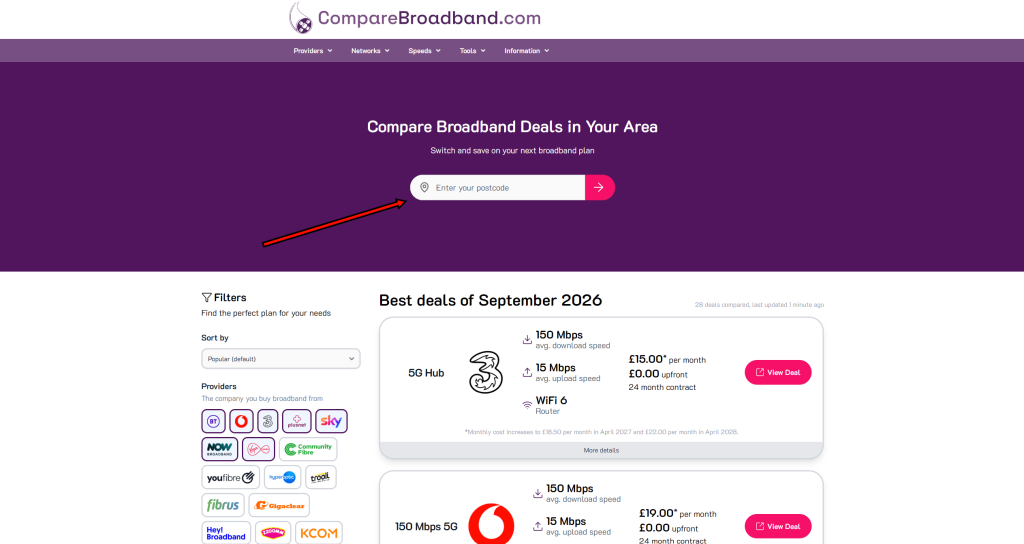 CompareBroadband.com homepage and postcode coverage checker.