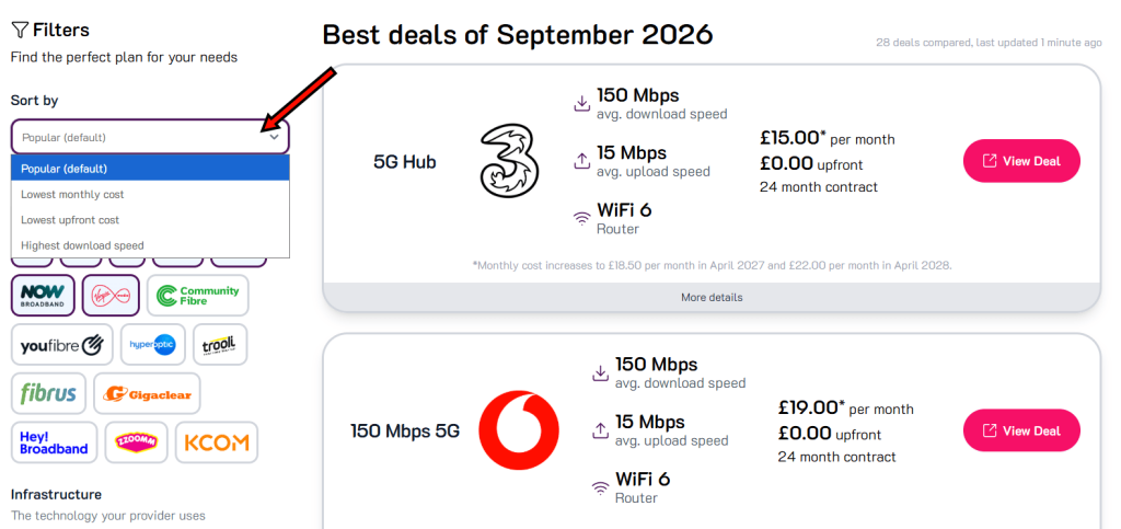 Sorting deals on CompareBroadband.com.