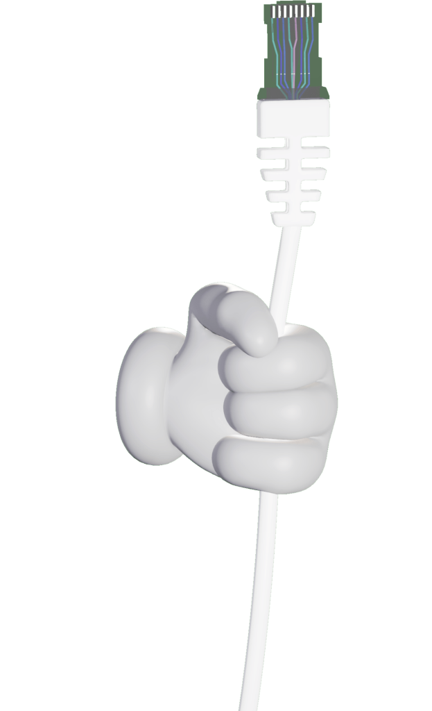 Hand holding a white Ethernet cable.